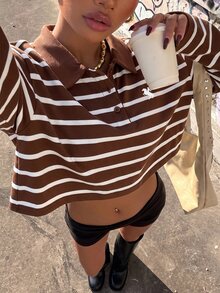 Muchica Women's Brown Stripe Colorblock Knight Graphic Casual Preppy Everyday Long Sleeve Sweatshirt School Autumn - Brown - View 4