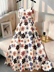 GlowEve CURVE Plus Size Women's Best-Selling Elegant Shirred All-Over Floral Print Cami Dress, Ruched Waist Large A-Line Design, Suitable For Daily Commute, Formal Occasions, Dates, Gatherings, And Outdoor Outings - Multicolor - View 1