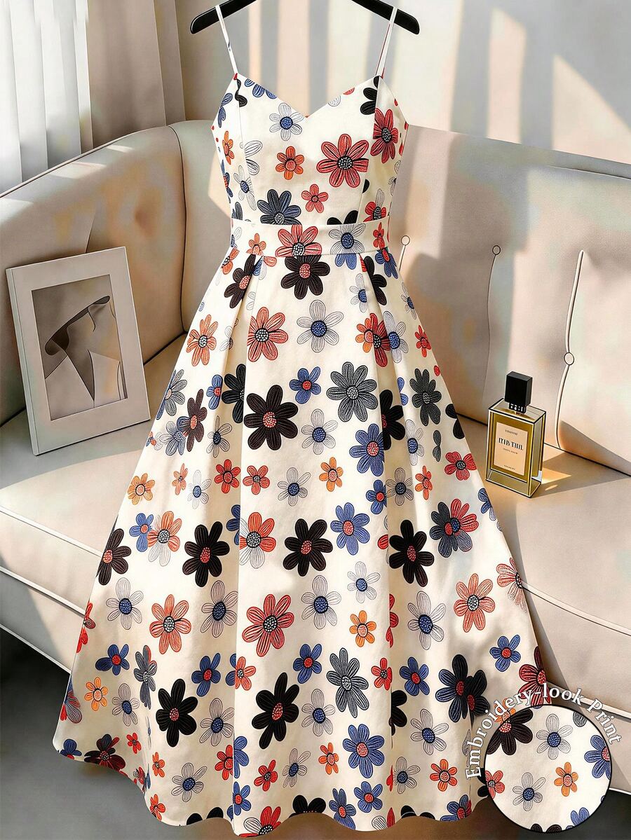 GlowEve CURVE Plus Size Women's Best-Selling Elegant Shirred All-Over Floral Print Cami Dress, Ruched Waist Large A-Line Design, Suitable For Daily Commute, Formal Occasions, Dates, Gatherings, And Outdoor Outings - Multicolor - View 1