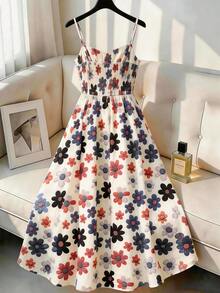 GlowEve CURVE Plus Size Women's Best-Selling Elegant Shirred All-Over Floral Print Cami Dress, Ruched Waist Large A-Line Design, Suitable For Daily Commute, Formal Occasions, Dates, Gatherings, And Outdoor Outings - Multicolor - View 2