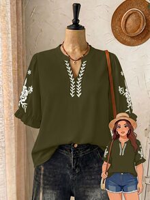 Breezaya Plus Size Women's Floral Print Notched V-Neck Blouse For Vacation Vacation Evening Army Green Summer Boho Casual - Green - View 3