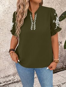 Breezaya Plus Size Women's Floral Print Notched V-Neck Blouse For Vacation Vacation Evening Army Green Summer Boho Casual - Green - View 4