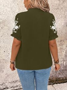 Breezaya Plus Size Women's Floral Print Notched V-Neck Blouse For Vacation Vacation Evening Army Green Summer Boho Casual - Green - View 2