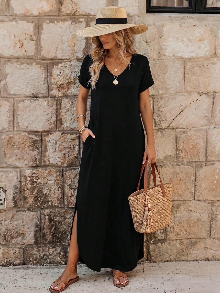 SHEIN Unity Leisure Women's Slit Dress With Diagonal Pocket Maxi Vacation Beach Outfit - Black - View 1