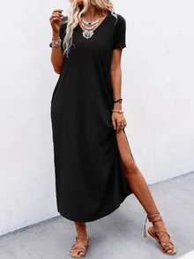 SHEIN Unity Leisure Women's Slit Dress With Diagonal Pocket Maxi Vacation Beach Outfit - Black - View 6