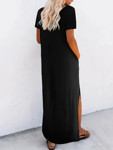 SHEIN Unity Leisure Women's Slit Dress With Diagonal Pocket Maxi Vacation Beach Outfit - Black - View 2