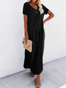 SHEIN Unity Leisure Women's Slit Dress With Diagonal Pocket Maxi Vacation Beach Outfit - Black - View 5