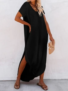 SHEIN Unity Leisure Women's Slit Dress With Diagonal Pocket Maxi Vacation Beach Outfit - Black - View 7