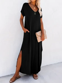 SHEIN Unity Leisure Women's Slit Dress With Diagonal Pocket Maxi Vacation Beach Outfit - Black - View 8