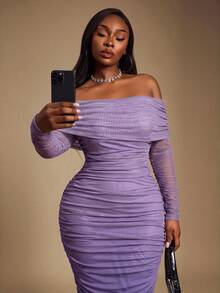 Radiana Curve Plus Size Elegant Off-Shoulder Gradient Ruched Fitted Dress Fall - Purple - View 3
