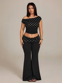 SHEIN PETITE CURVE 大尺碼法式風格百搭波點印花百褶喇叭褲 秋季 - 黑色 - 查看 7