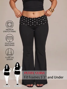 SHEIN PETITE CURVE 大尺碼法式風格百搭波點印花百褶喇叭褲 秋季 - 黑色 - 查看 4