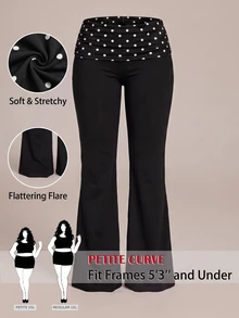 SHEIN PETITE CURVE 大尺碼法式風格百搭波點印花百褶喇叭褲 秋季 - 黑色 - 查看 5