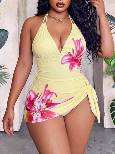 Maweii 2026 Summer New Sexy Positioning Print Sweet Concealed Belly High-End 2 Pieces Plus Size Swimsuit Beach Outfits For Woman Plus Size Resort Wear Women Vacation Dress Bikinis Set For Women With Cover Up One Piece Swimsuit Women With Cover Up Beach Outfit For Women Dress