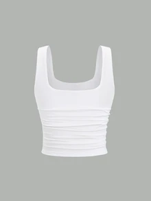 SHEIN Unity Women's Summer Solid Square Neck Casual Slim Fit Tank Top, Built-In Bra - White - View 2