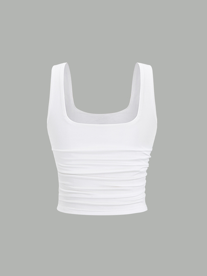 Flirla Tank Top Wanita Musim Panas Polos Leher Persegi Kasual Slim Fit, Bra Terintegrasi