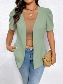 EMERY ROSE Plus Size Casual Minimalist Thin Short Sleeve Blazer - Green - View 8