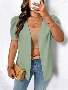 EMERY ROSE Plus Size Casual Minimalist Thin Short Sleeve Blazer - Green - View 4