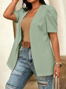 EMERY ROSE Plus Size Casual Minimalist Thin Short Sleeve Blazer - Green - View 1