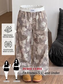 SHEIN PETITE CURVE 大尺碼女款葉子印花寬腿鬆垮休閒運動長褲 - 淺灰色 - 查看 2