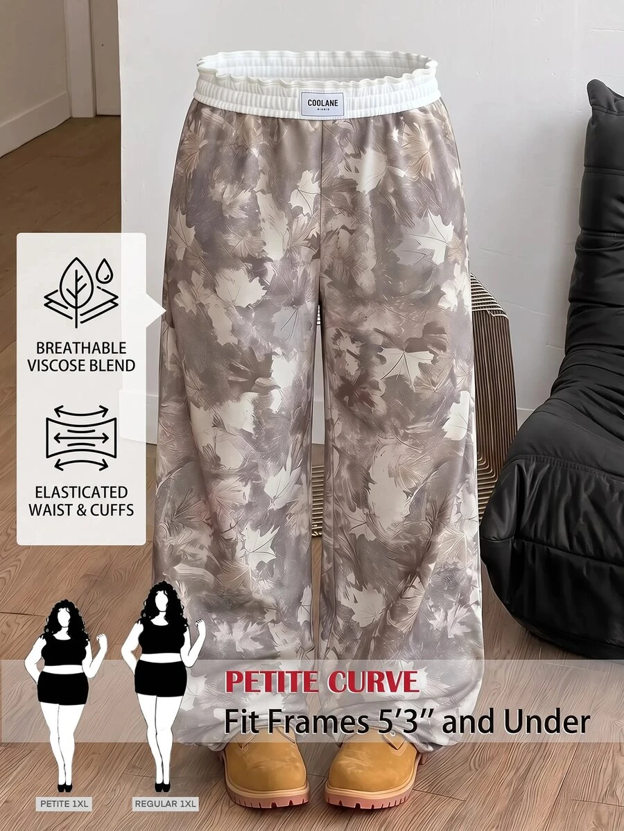 SHEIN PETITE CURVE Plus Size Women Leaf Print Wide Leg Loose Casual Sweatpants - Light Grey - View 1