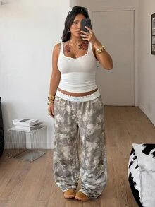 SHEIN PETITE CURVE 大尺碼女款葉子印花寬腿鬆垮休閒運動長褲 - 淺灰色 - 查看 7