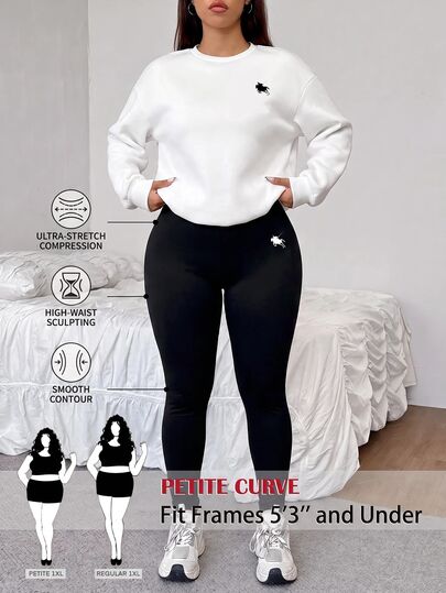 SHEIN PETITE CURVE Plus Size Women's Equestrian Print Long Sleeve Sweatshirt And Leggings Casual Soft Western 2 Pieces Set Gym Formal Workout Black Autumn