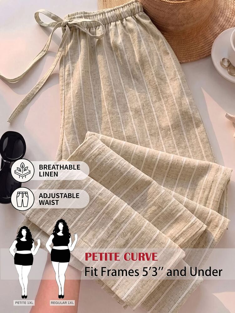 SHEIN PETITE CURVE Plus Size Casual Versatile Striped Drawstring Waist Loose Pants - Apricot - View 10