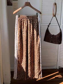 SHEIN PETITE CURVE 大尺碼女款豹紋拼接休閒百搭日常穿著長褲 - 棕色 - 查看 2