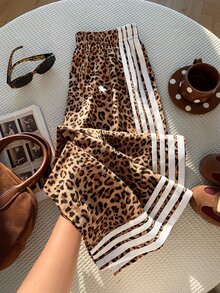 SHEIN PETITE CURVE 大尺碼女款豹紋拼接休閒百搭日常穿著長褲 - 棕色 - 查看 3