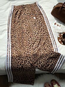 SHEIN PETITE CURVE 大尺碼女款豹紋拼接休閒百搭日常穿著長褲 - 棕色 - 查看 6