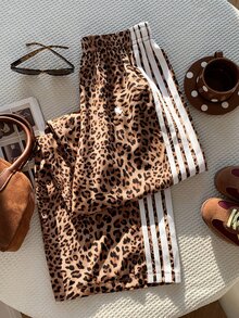 SHEIN PETITE CURVE 大尺碼女款豹紋拼接休閒百搭日常穿著長褲 - 棕色 - 查看 5