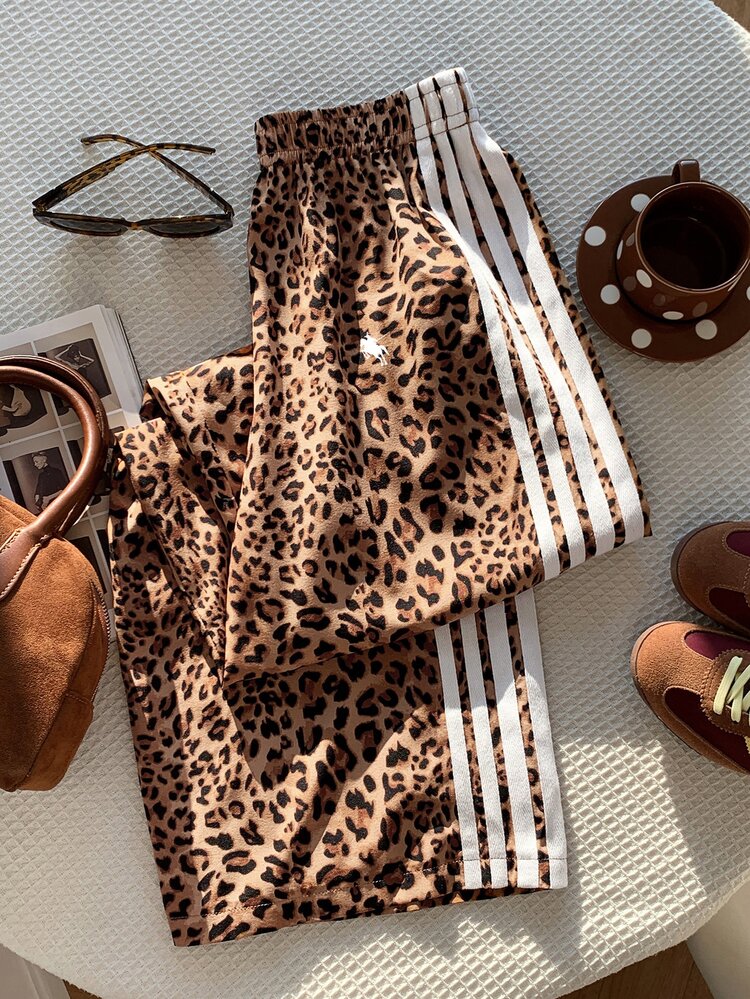 SHEIN PETITE CURVE Plus Size Women's Leopard Print Patchwork Casual Versatile Daily Wear Long Pants - Brown - View 5