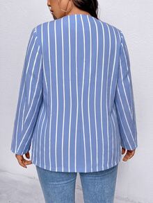 SHEIN Clasi Plus Size Women's Striped Shirt Front Open Long Sleeve Lightweight Blazer Jacket Spring/Summer - Blue and White - View 3
