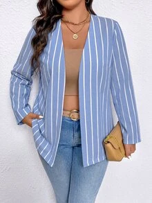 SHEIN Clasi Plus Size Women's Striped Shirt Front Open Long Sleeve Lightweight Blazer Jacket Spring/Summer - Blue and White - View 4