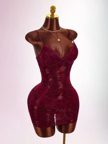 Amplova Women's Lace Cover-Up Set, Sexy Avant-Garde Lace Trim, Minimalist Sexy Style, Suitable For Beach Vacation, Backless Design Bathing Suit - Burgundy - View 6