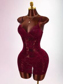 Amplova Women's Lace Cover-Up Set, Sexy Avant-Garde Lace Trim, Minimalist Sexy Style, Suitable For Beach Vacation, Backless Design Bathing Suit - Burgundy - View 4