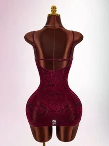 Amplova Women's Lace Cover-Up Set, Sexy Avant-Garde Lace Trim, Minimalist Sexy Style, Suitable For Beach Vacation, Backless Design Bathing Suit - Burgundy - View 3