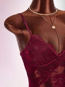 Amplova Women's Lace Cover-Up Set, Sexy Avant-Garde Lace Trim, Minimalist Sexy Style, Suitable For Beach Vacation, Backless Design Bathing Suit - Burgundy - View 7