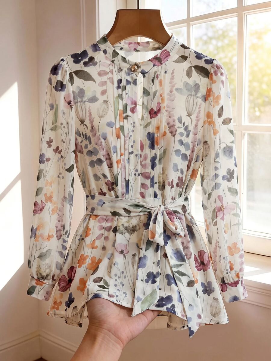 SHEIN Clasi 女款花卉印花長袖腰部打結優雅浪漫襯衫,白色花卉秋季早午餐風 - 彩色 - 查看 1