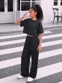 SHEIN 2件組青少年女孩時尚圓點短套裝，短袖圓領寬鬆T恤搭配寬腿長褲，適合派對、度假、校園、日常休閒穿著，春夏季秋季適用 - 黑色 - 查看 8