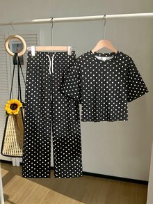 SHEIN 2件組青少年女孩時尚圓點短套裝，短袖圓領寬鬆T恤搭配寬腿長褲，適合派對、度假、校園、日常休閒穿著，春夏季秋季適用 - 黑色 - 查看 6