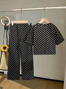 SHEIN 2件組青少年女孩時尚圓點短套裝，短袖圓領寬鬆T恤搭配寬腿長褲，適合派對、度假、校園、日常休閒穿著，春夏季秋季適用 - 黑色 - 查看 3