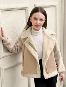 SHEIN Tween Girl 仿麂皮毛领短款夹克，女童休闲口袋拉链常规袖翻领宽松夹克，女童夹克，冬/冬时尚，适合儿童休闲装、返校、开学典礼、日常穿着、学校、旅行、运动、秋/冬、圣诞节 - 杏色 - 查看 2