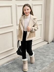 SHEIN Tween Girl 仿麂皮毛领短款夹克，女童休闲口袋拉链常规袖翻领宽松夹克，女童夹克，冬/冬时尚，适合儿童休闲装、返校、开学典礼、日常穿着、学校、旅行、运动、秋/冬、圣诞节 - 杏色 - 查看 4
