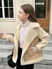 SHEIN Tween Girl 仿麂皮毛领短款夹克，女童休闲口袋拉链常规袖翻领宽松夹克，女童夹克，冬/冬时尚，适合儿童休闲装、返校、开学典礼、日常穿着、学校、旅行、运动、秋/冬、圣诞节 - 杏色 - 查看 3