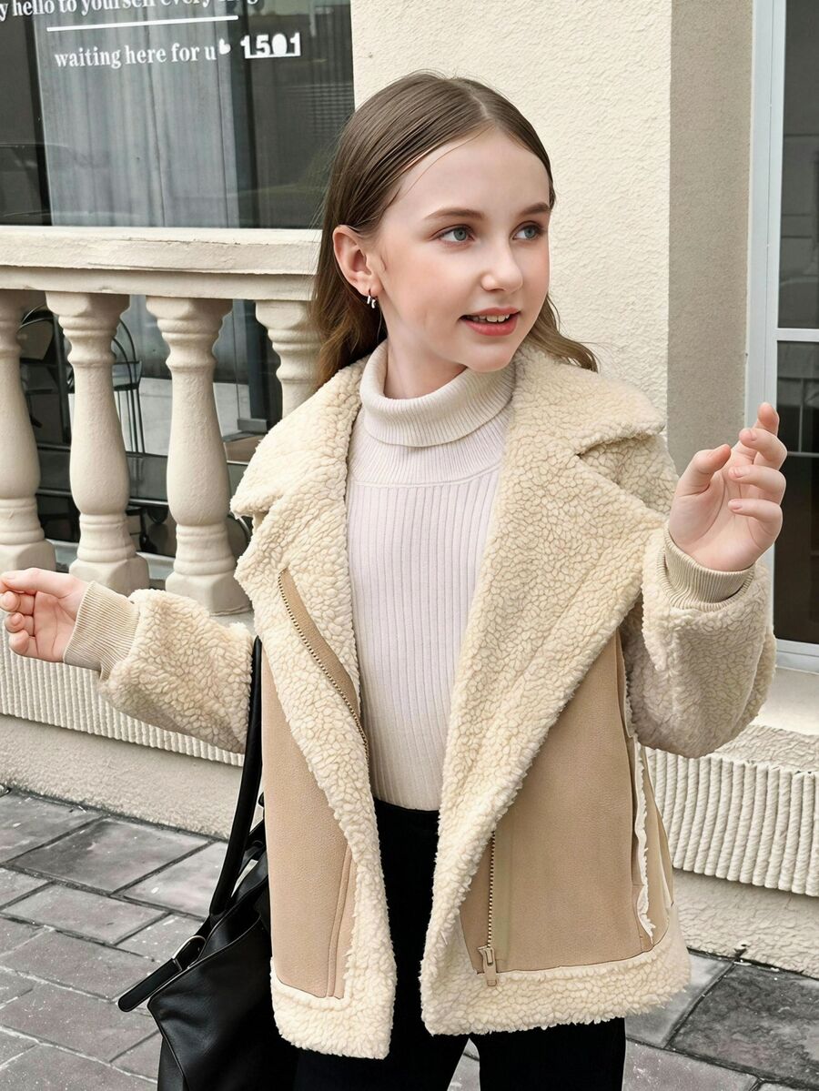 SHEIN Tween Girl 仿麂皮毛领短款夹克,女童休闲口袋拉链常规袖翻领宽松夹克,女童夹克,冬/冬时尚,适合儿童休闲装、返校、开学典礼、日常穿着、学校、旅行、运动、秋/冬、圣诞节 - 杏色 - 查看 1