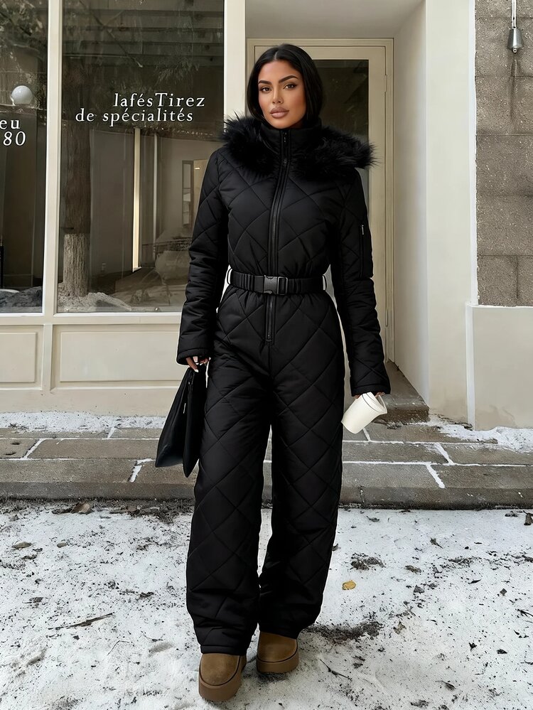 SHEIN Tall CURVE 大尺碼冬季舒適拉鍊長袖連帽連身褲 - 黑色 - 查看 4