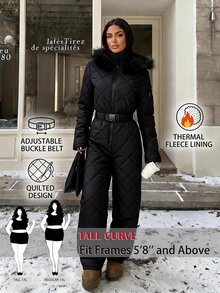 SHEIN Tall CURVE Plus Size Winter Comfortable Zipper Long Sleeve Hooded Jumpsuit - Black - View 1