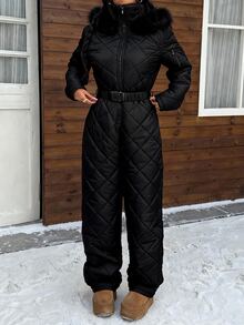 SHEIN Tall CURVE Plus Size Winter Comfortable Zipper Long Sleeve Hooded Jumpsuit - Black - View 7